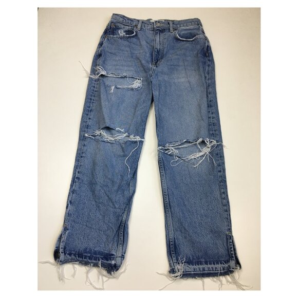 We The Free Denim - WE THE FREE Light/Med Wash Distressed Destroyed Raw Slit Hem 5 Pocket Jeans